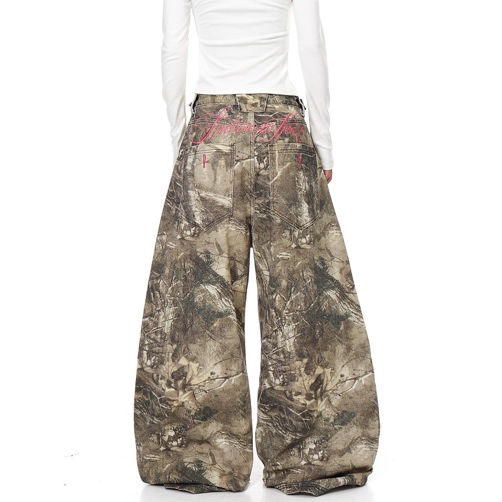 American Street Letter Embroidery Branch Camouflage Jeans for Men and Women