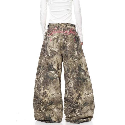 American Street Letter Embroidery Branch Camouflage Jeans for Men and Women