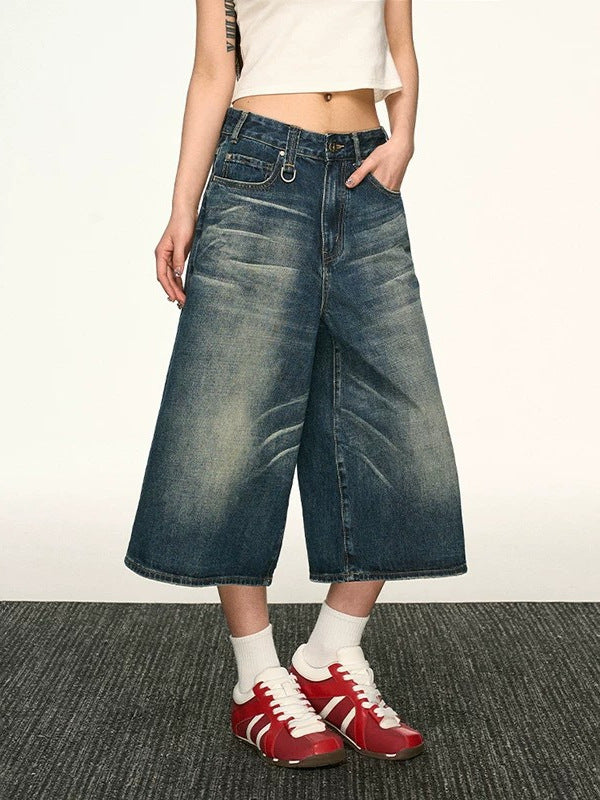 Vintage Washed Denim Wide-Leg Cropped Pants