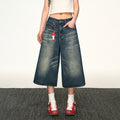 Vintage Washed Denim Wide-Leg Cropped Pants