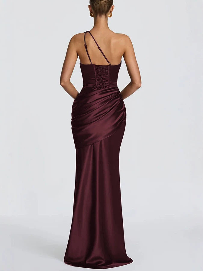 Satin One-Shoulder Fishtail Dress