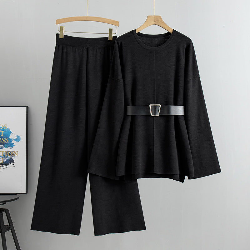 Elegant Womens Knit Sweater and Wide-Leg Pants Two-Piece Set