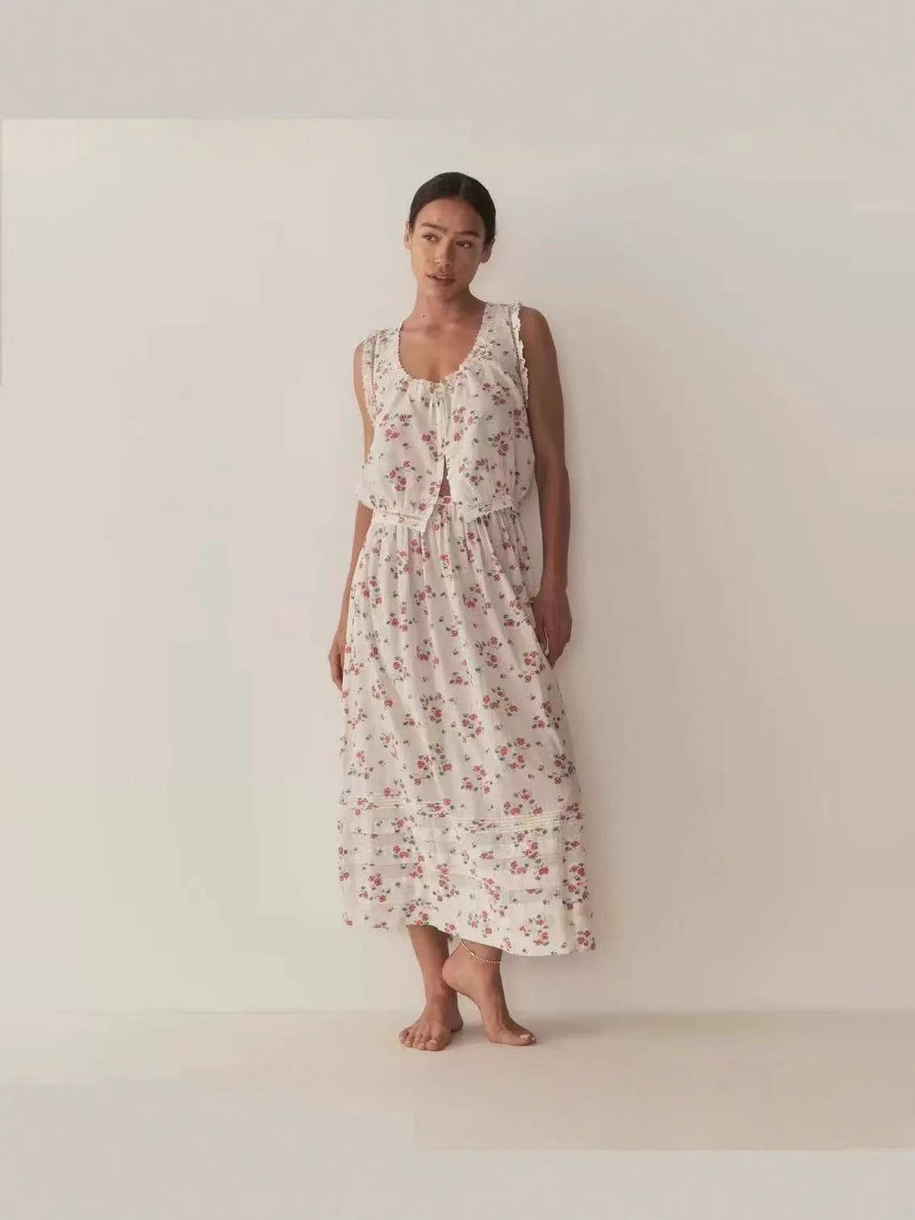 Floral Print Cotton Vest and Skirt Set