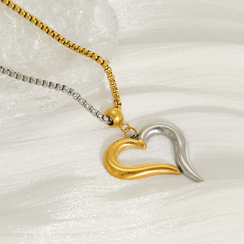 Two-Tone Heart Pendant Pearl Chain Necklace