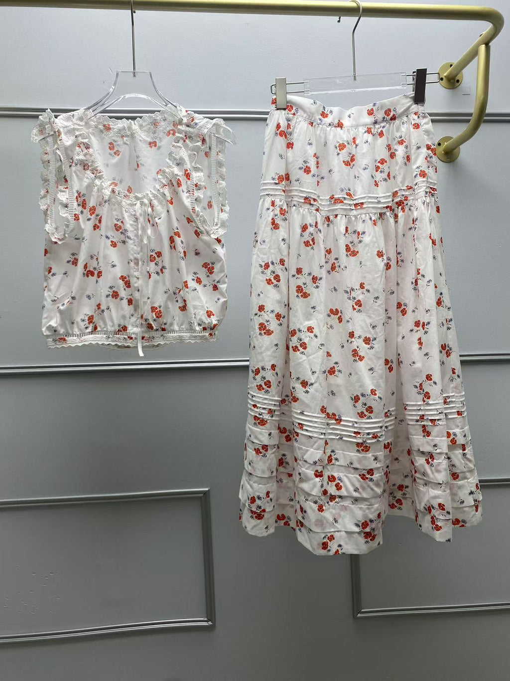 Floral Print Cotton Vest and Skirt Set