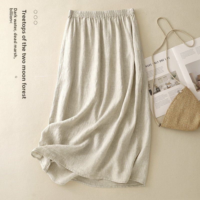 Pure Linen A-Line Mid-Length Skirt with Elastic Waist