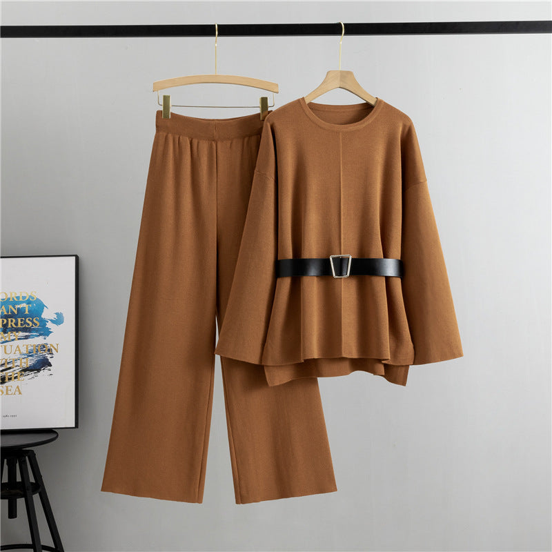 Elegant Womens Knit Sweater and Wide-Leg Pants Two-Piece Set