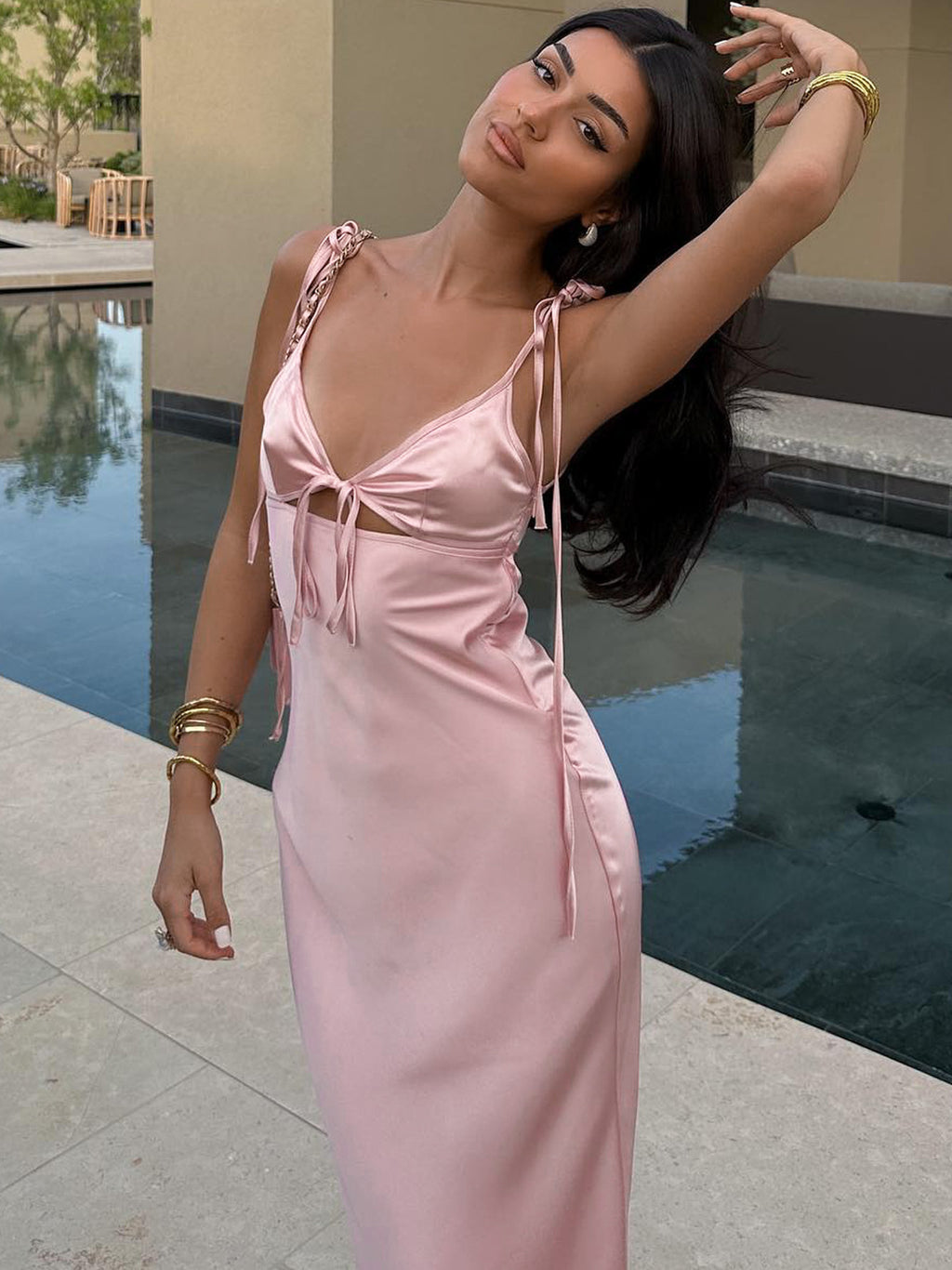Sleeveless V-Neck Satin Long Dress