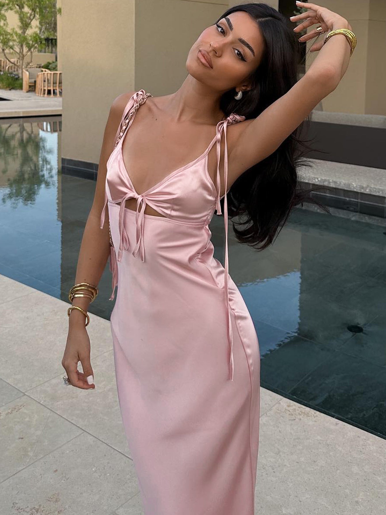 Sleeveless V-Neck Satin Long Dress