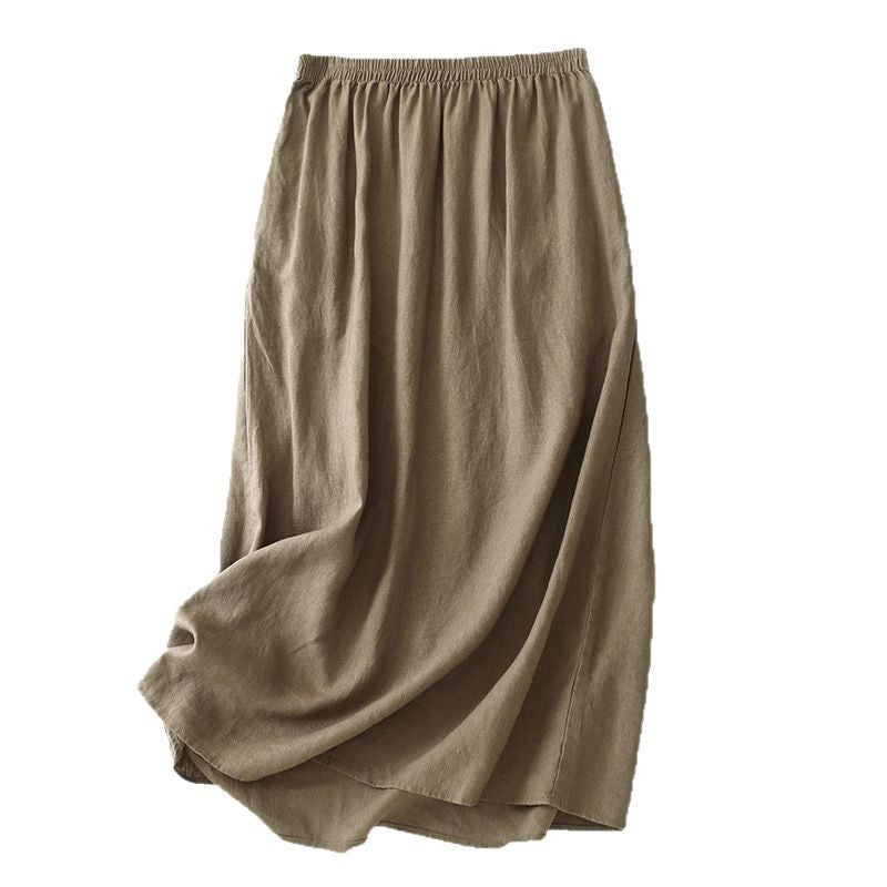 Pure Linen A-Line Mid-Length Skirt with Elastic Waist