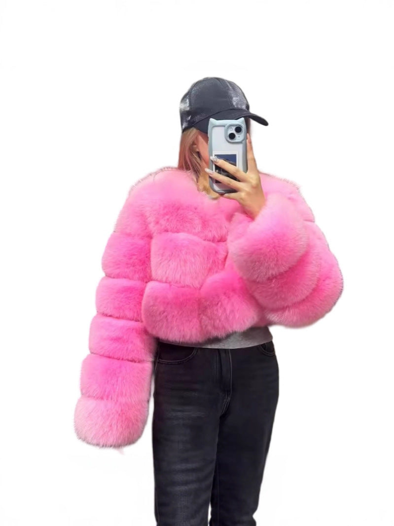 Womens Imitation Fur Jacket Short Warm V-Neck Faux Fur Coat