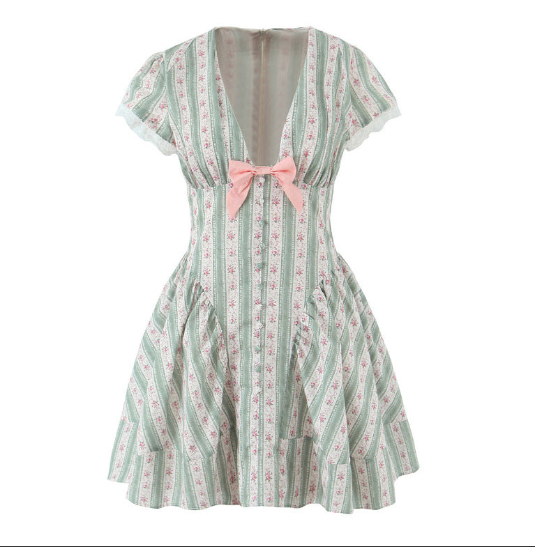 Green Stripesd Cotton Mini Dress