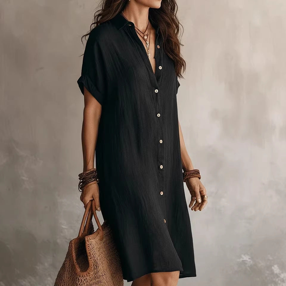 Cotton Linen Shirt Dress Mid Length