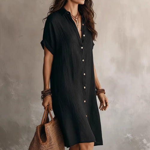 Cotton Linen Shirt Dress Mid Length