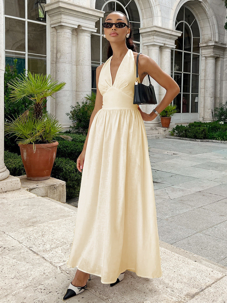 Pure Cotton V-Neck Lace-Up Long Dress