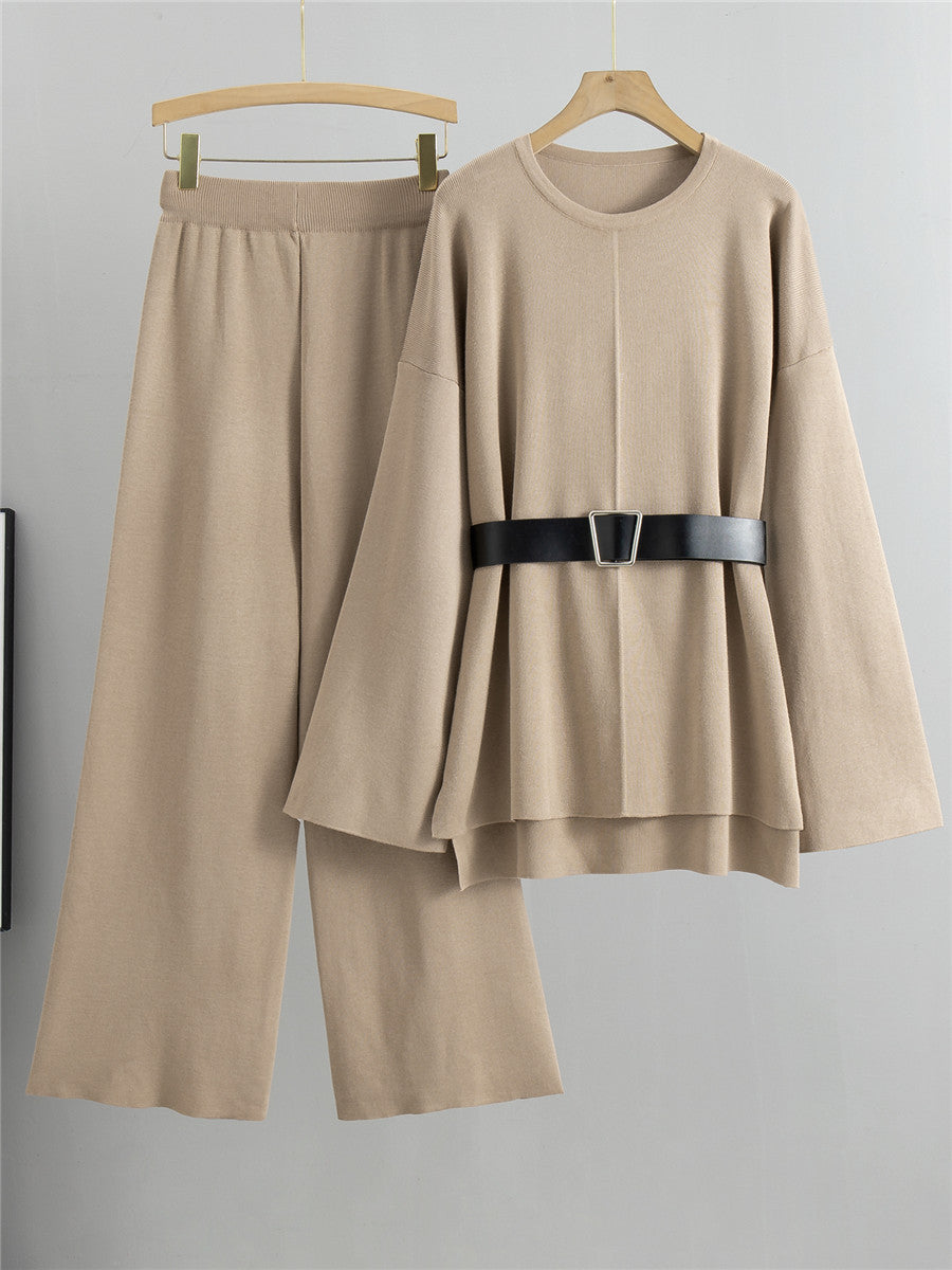 Elegant Womens Knit Sweater and Wide-Leg Pants Two-Piece Set