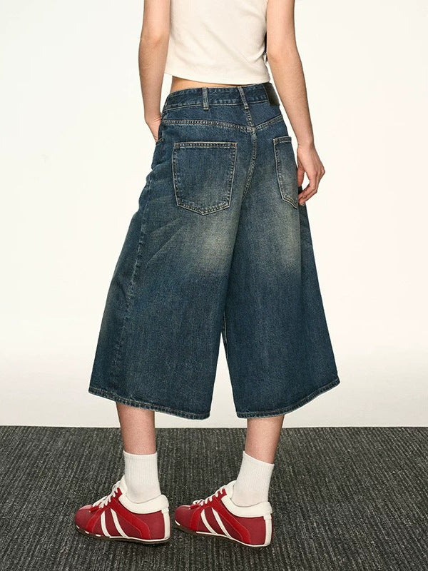 Vintage Washed Denim Wide-Leg Cropped Pants