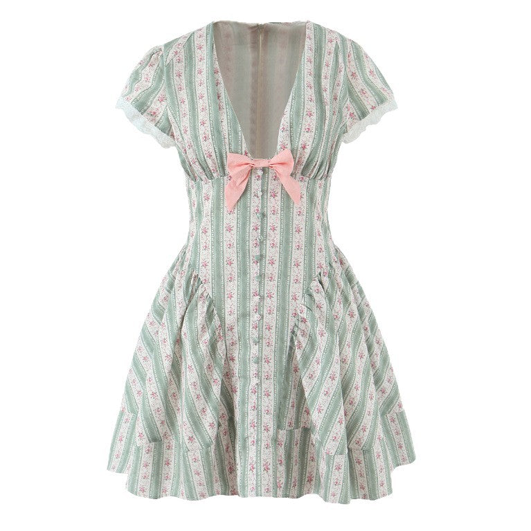 Green Stripesd Cotton Mini Dress