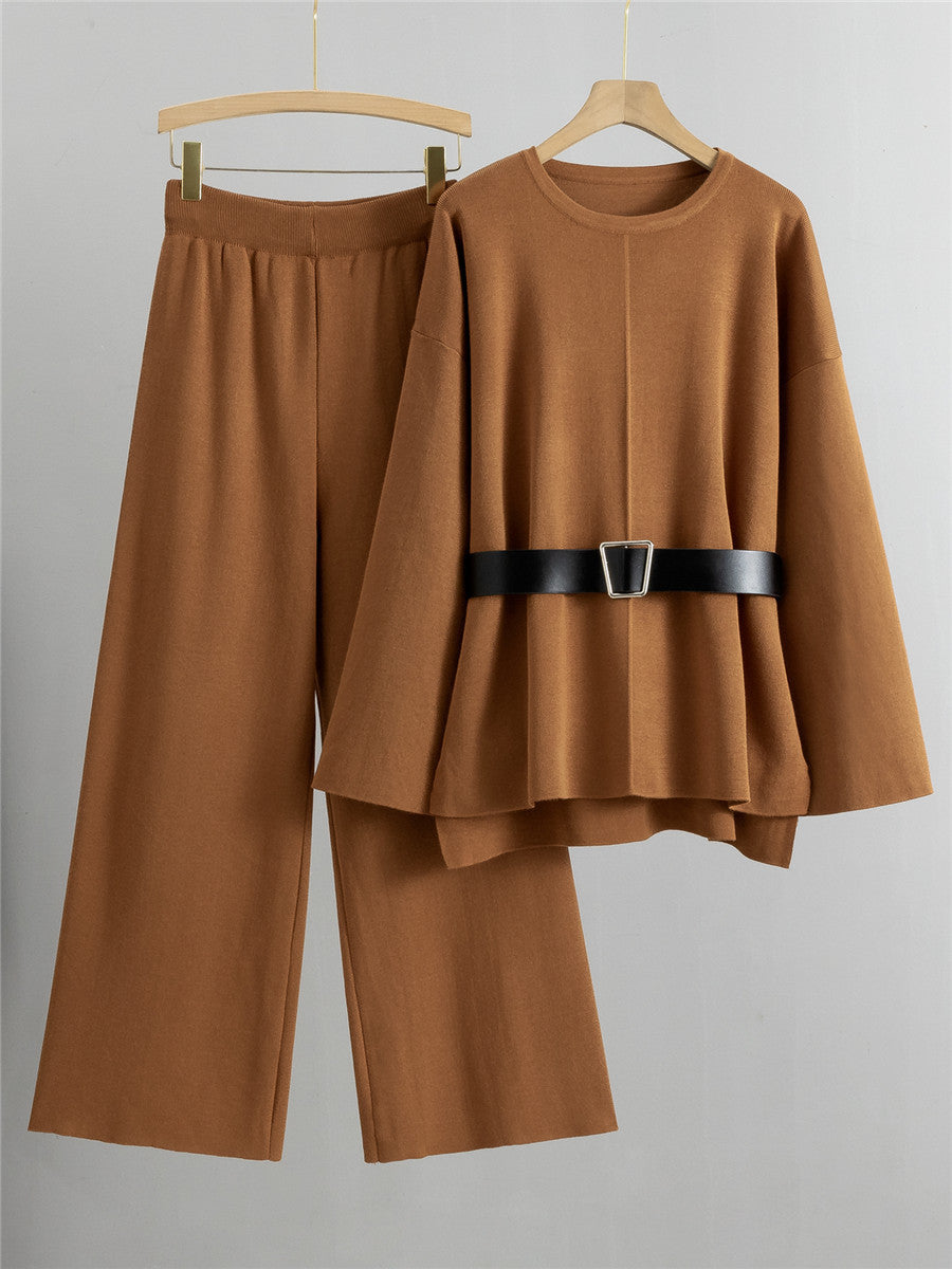 Elegant Womens Knit Sweater and Wide-Leg Pants Two-Piece Set