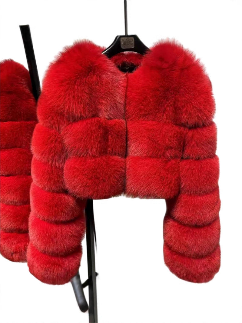 Womens Imitation Fur Jacket Short Warm V-Neck Faux Fur Coat
