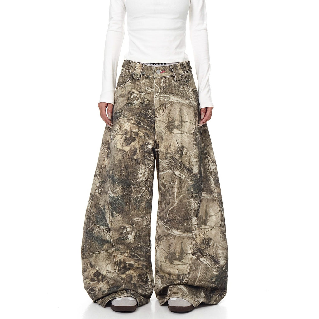 American Street Letter Embroidery Branch Camouflage Jeans for Men and Women