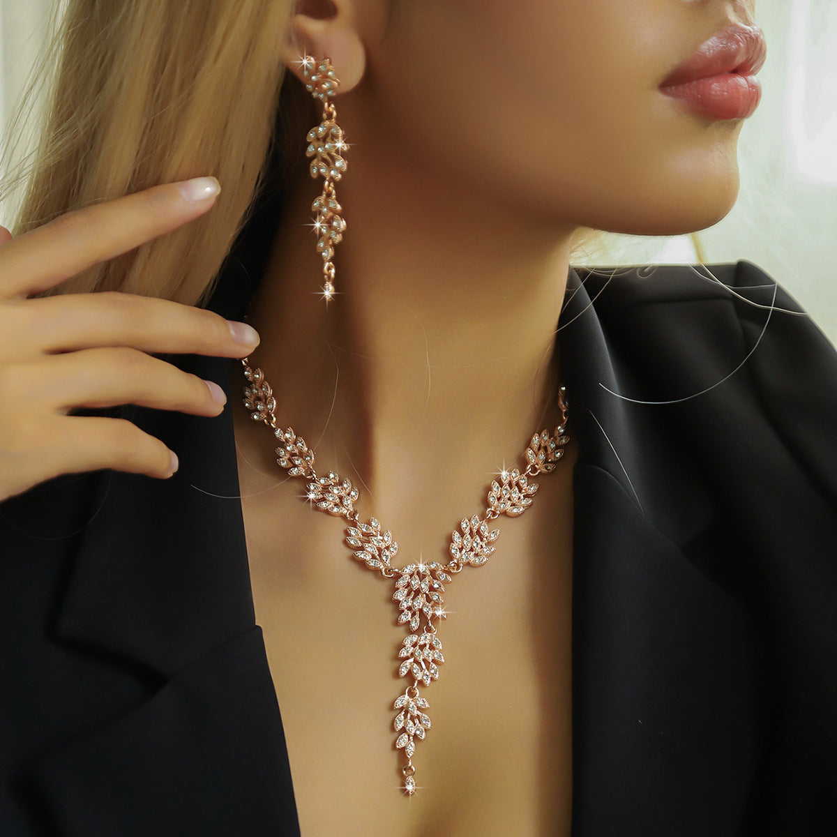 Wheat Ear Diamond Necklace and Earrings Set