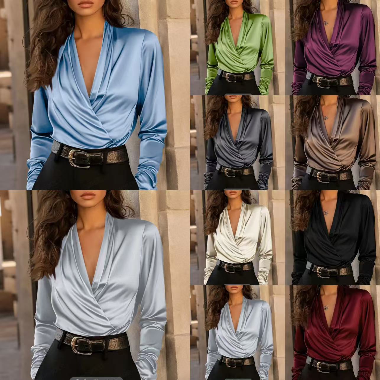 Womens Satin V-Neck Long Sleeve Blouse