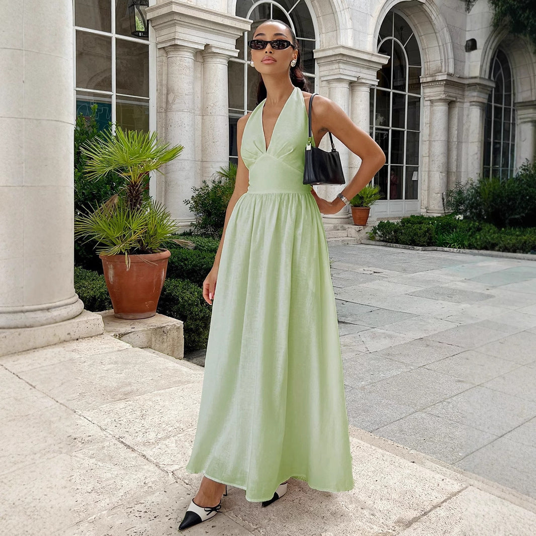 Pure Cotton V-Neck Lace-Up Long Dress