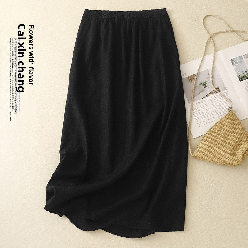 Pure Linen A-Line Mid-Length Skirt with Elastic Waist