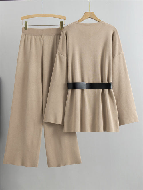 Elegant Womens Knit Sweater and Wide-Leg Pants Two-Piece Set