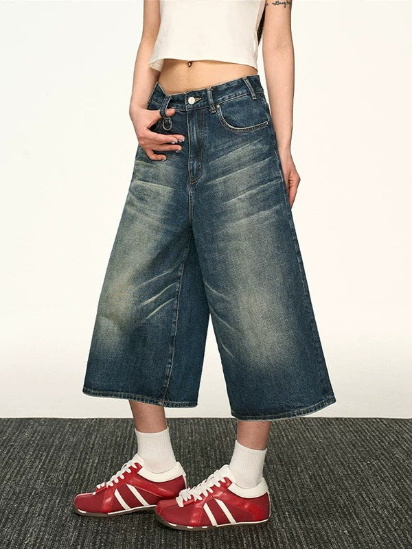 Vintage Washed Denim Wide-Leg Cropped Pants