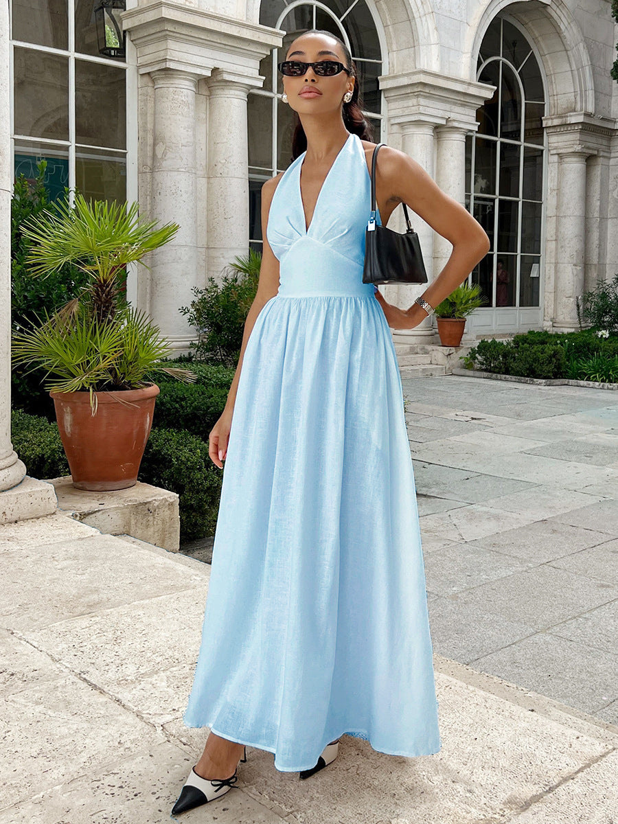 Pure Cotton V-Neck Lace-Up Long Dress