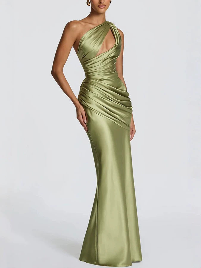 Satin One-Shoulder Fishtail Dress