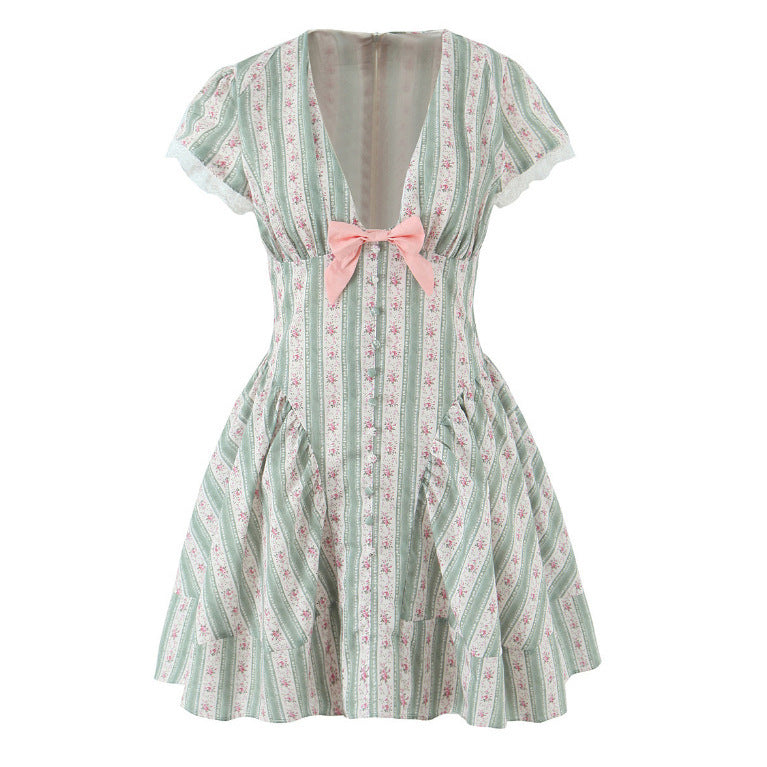 Green Stripesd Cotton Mini Dress