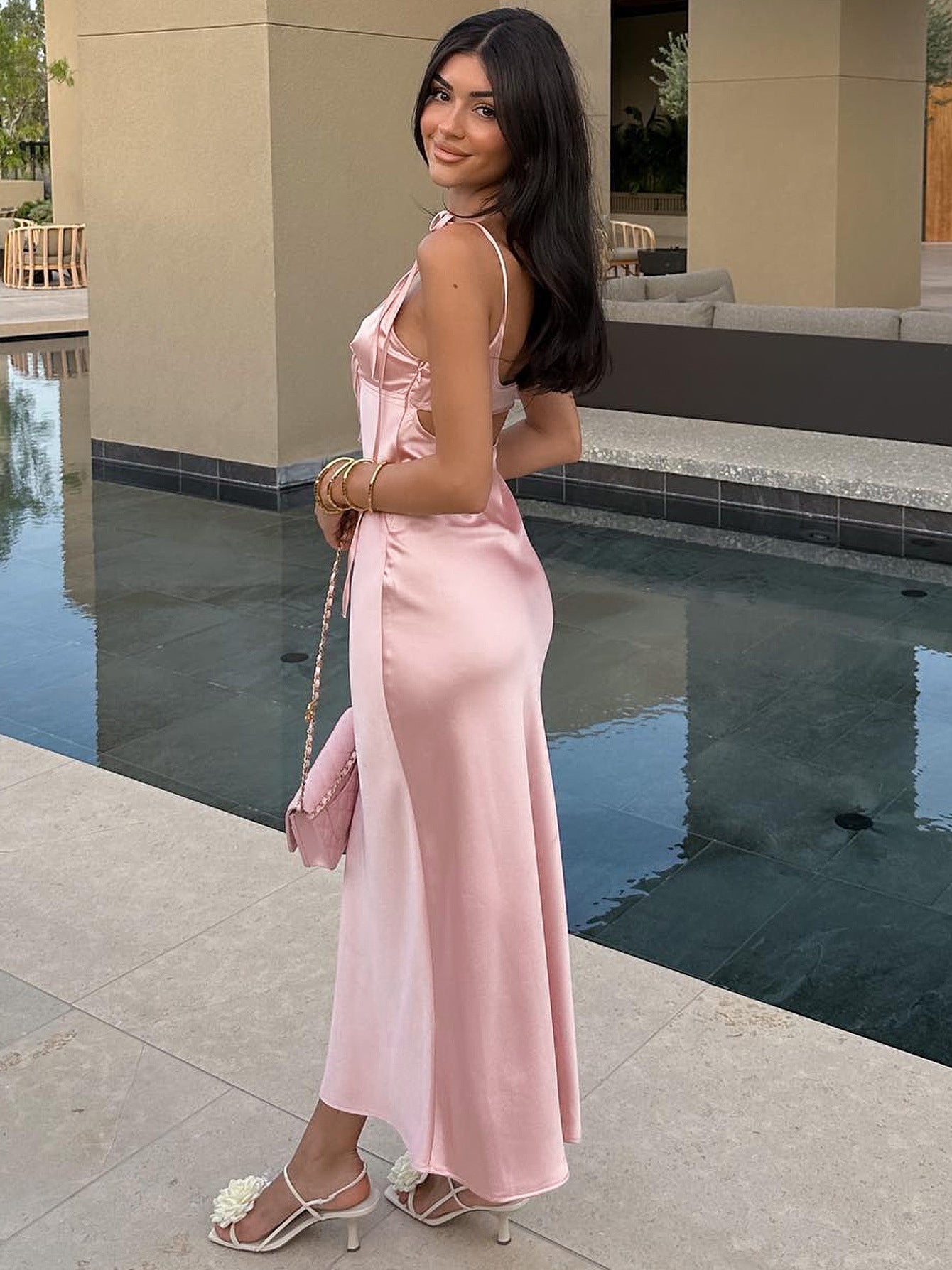 Sleeveless V-Neck Satin Long Dress