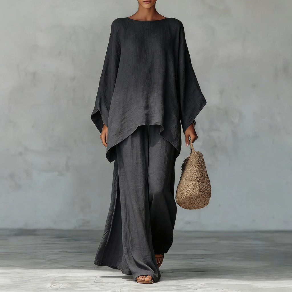 Womens Elegant Loose Cotton Linen Top Wide Leg Pants Casual Set