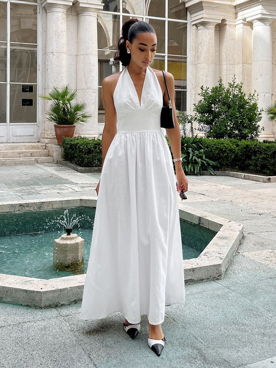 Pure Cotton V-Neck Lace-Up Long Dress