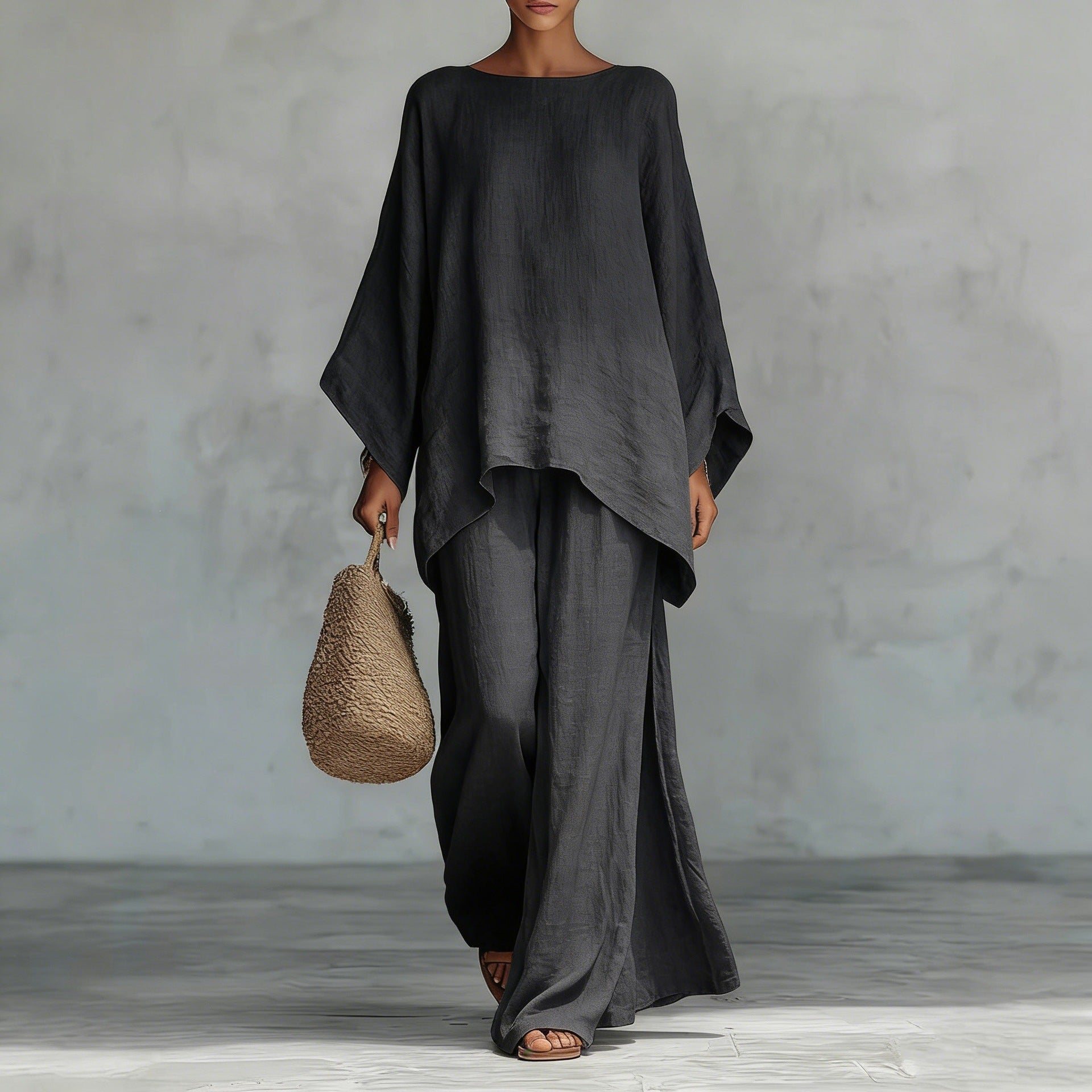 Womens Elegant Loose Cotton Linen Top Wide Leg Pants Casual Set