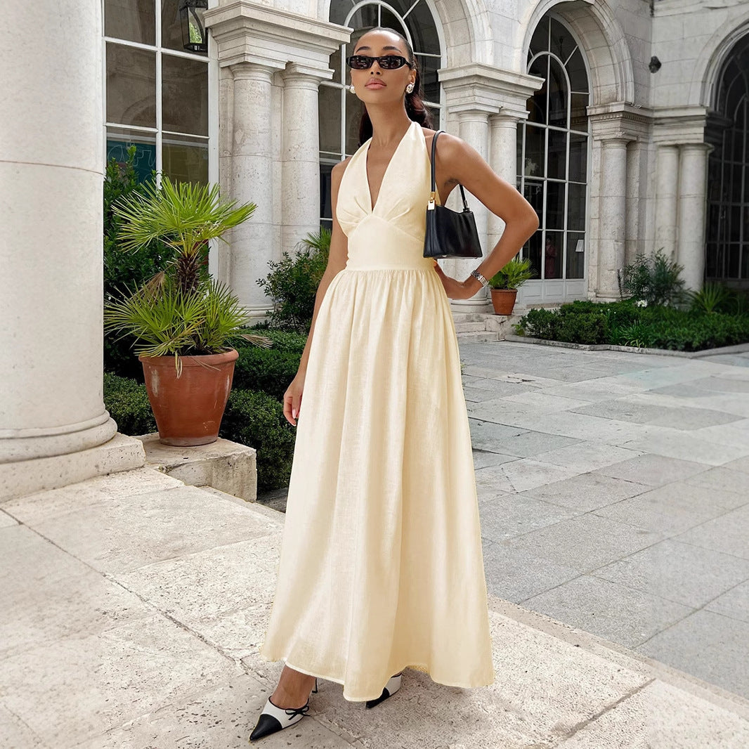 Pure Cotton V-Neck Lace-Up Long Dress
