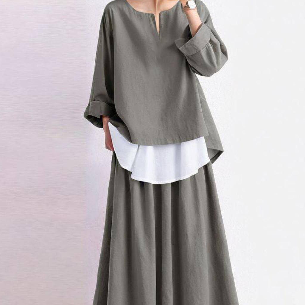 Japanese Style Round Neck Top and Skirt Set