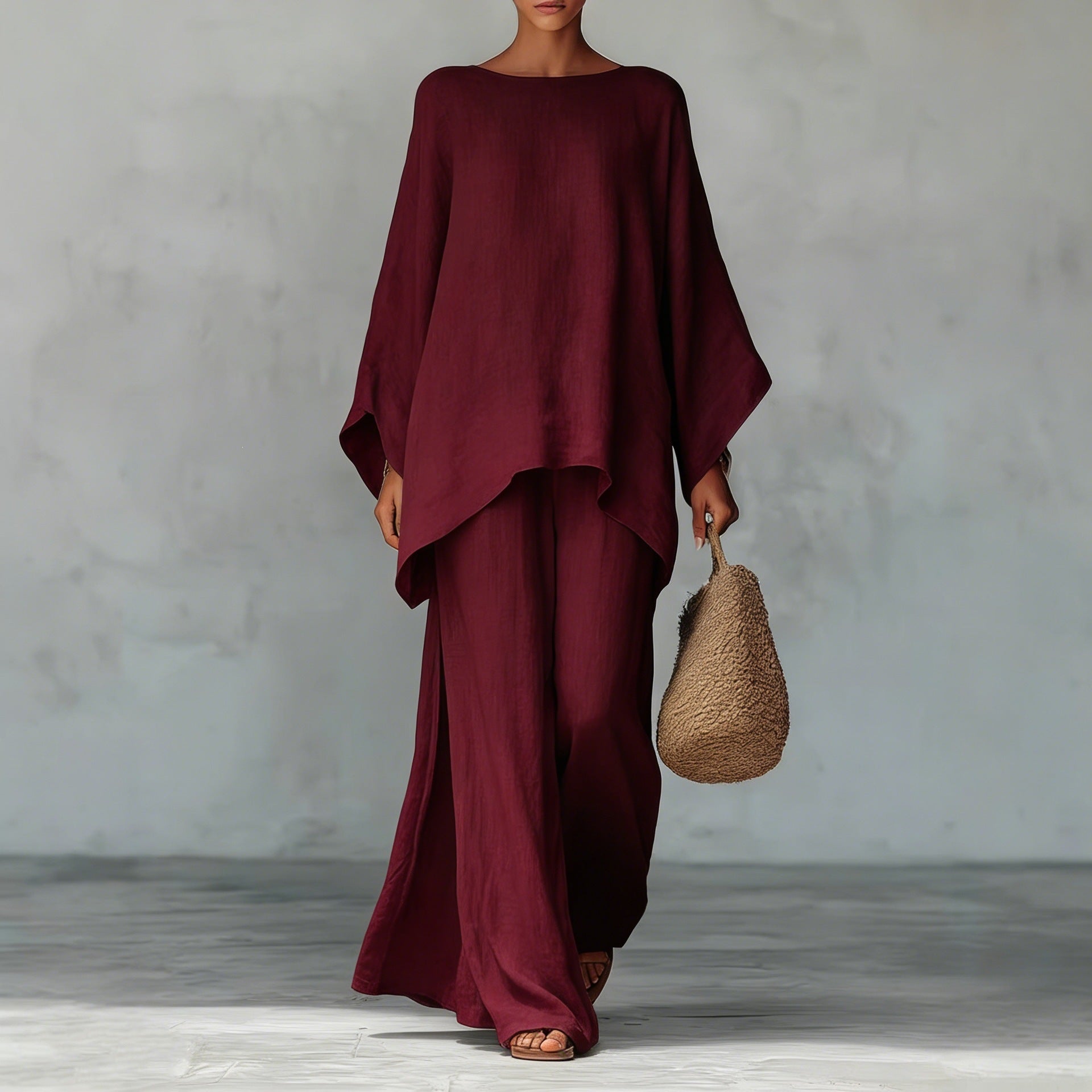 Womens Elegant Loose Cotton Linen Top Wide Leg Pants Casual Set