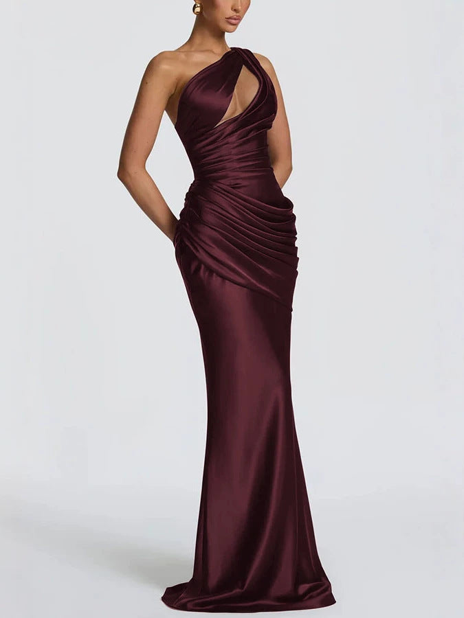 Satin One-Shoulder Fishtail Dress