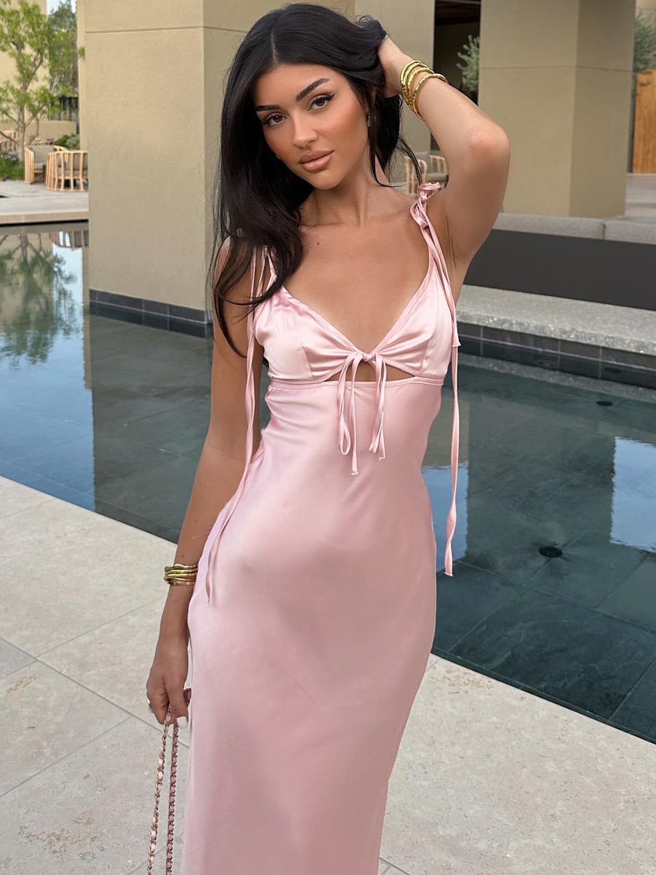 Sleeveless V-Neck Satin Long Dress