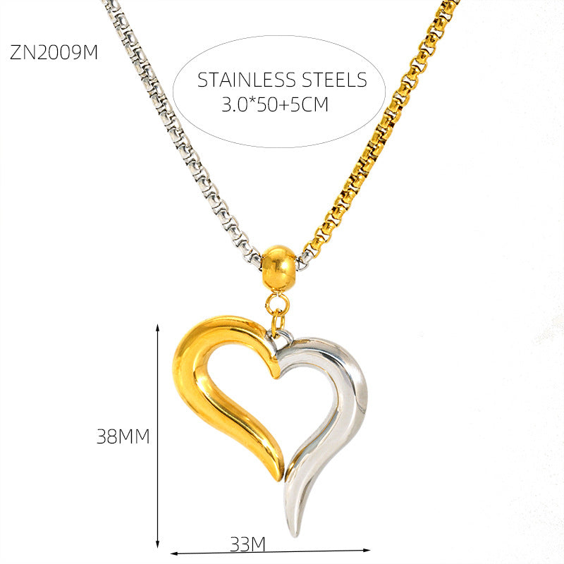 Two-Tone Heart Pendant Pearl Chain Necklace