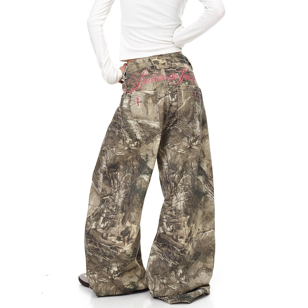 American Street Letter Embroidery Branch Camouflage Jeans for Men and Women