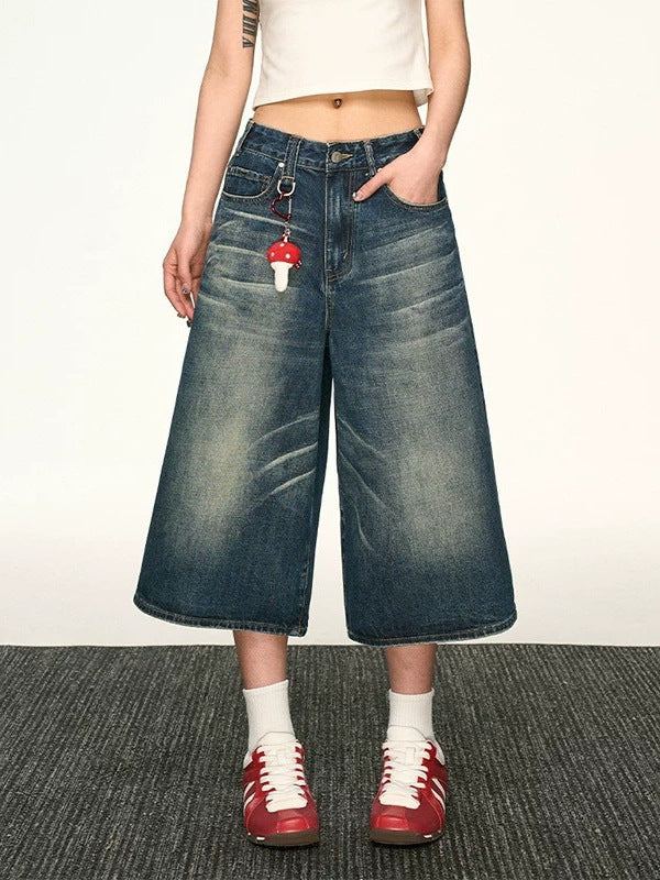 Vintage Washed Denim Wide-Leg Cropped Pants