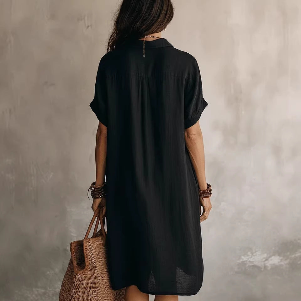 Cotton Linen Shirt Dress Mid Length