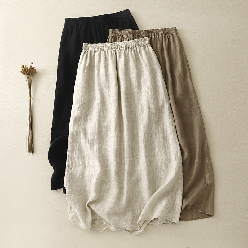Pure Linen A-Line Mid-Length Skirt with Elastic Waist