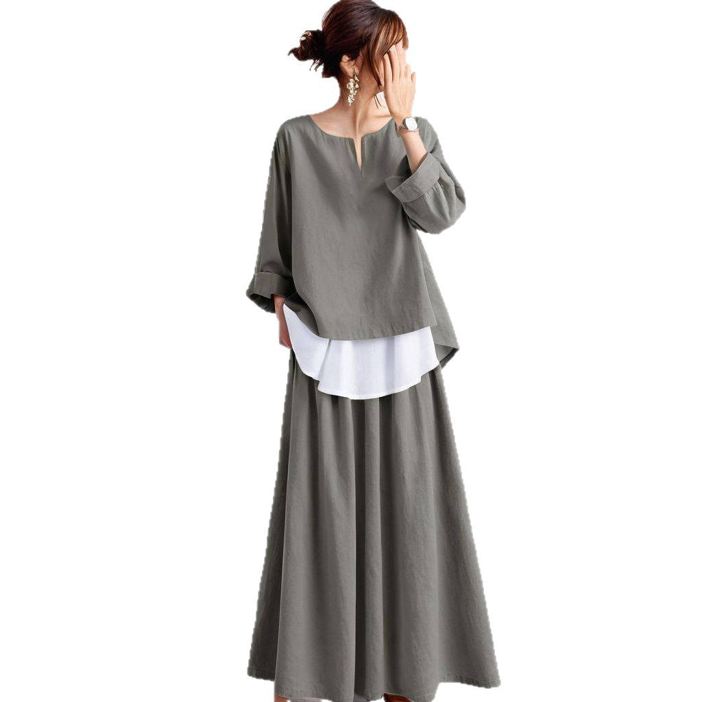 Japanese Style Round Neck Top and Skirt Set