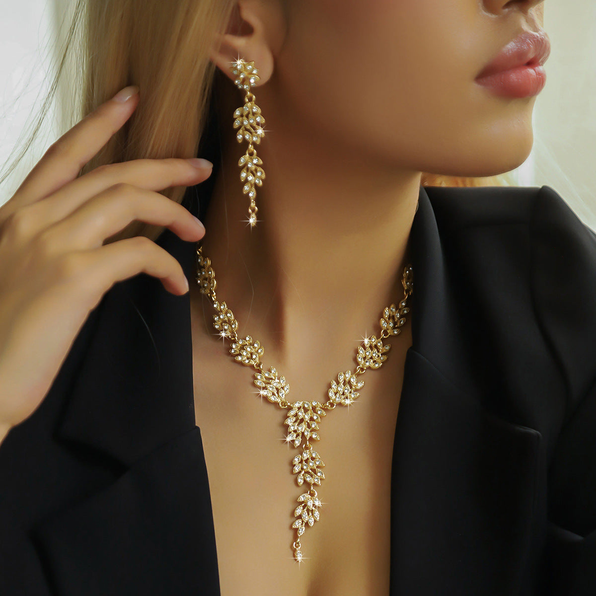 Wheat Ear Diamond Necklace and Earrings Set